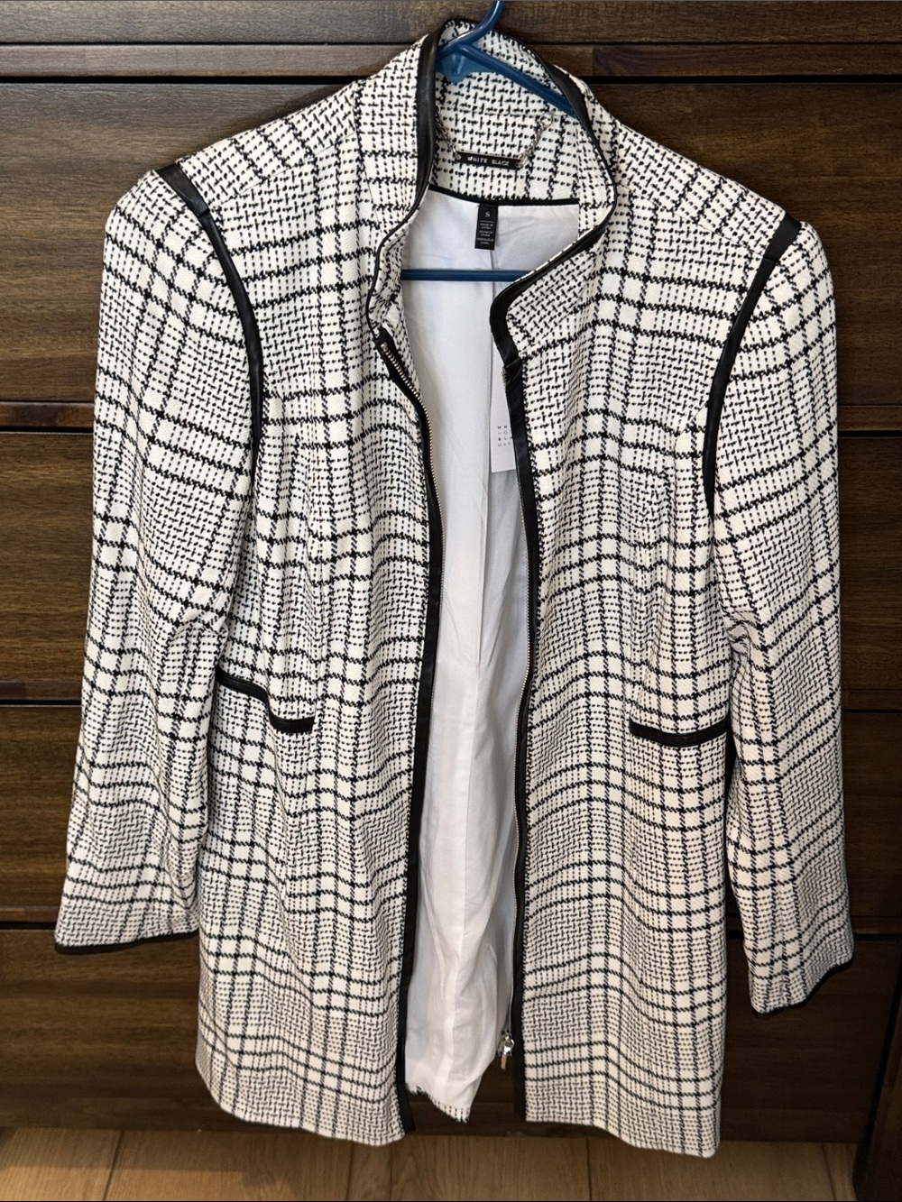 White House Black Market Black and White Plaid Zip-Front Blazer